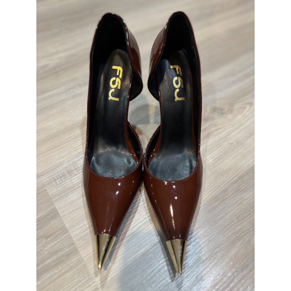 FSJ Brown Patent Leather Gold Metal Toe Cap d'Orsay Pumps Heels Womens 8.5